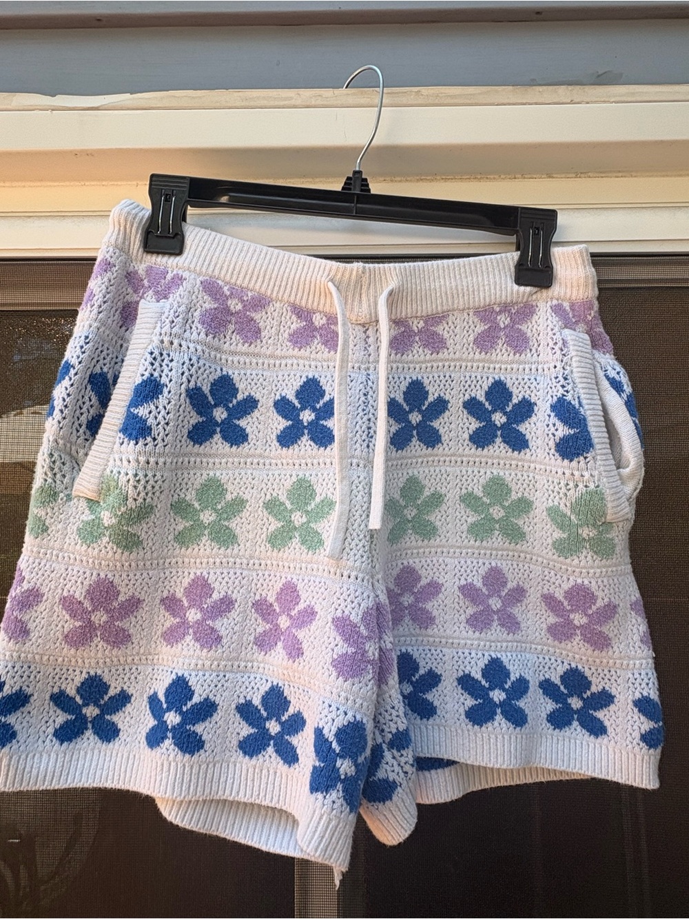 Crochet Floral Knit Shorts in Pastel Blue, Lavender, Mint